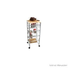 Mind Reader 4 Tier Wire Basket Cart With Wood Surface, Silver (4WIRECART-SIL)