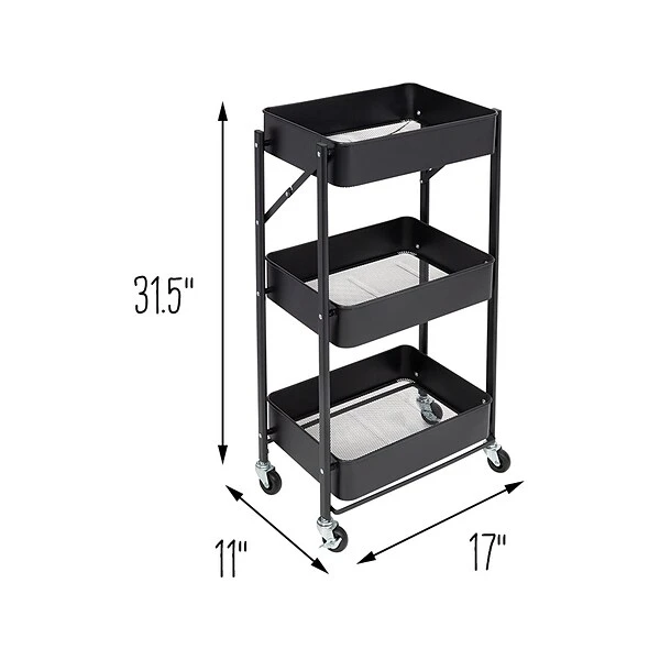 Honey-Can-Do 3-Shelf Metal Mobile Utility Cart With Lockable Wheels, Black (CRT-09584) 2 Honey-Can-Do 3-Shelf Metal Mobile Utility Cart With Lockable Wheels, Black (CRT-09584) - Image 2