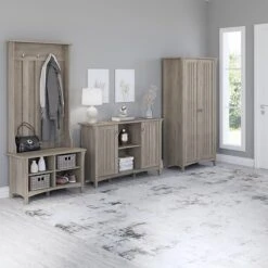Bush Furniture Salinas 68.11" Storage Set With Hall Tree, Shoe Bench And Cabinets With 10 Shelves, Driftwood Gray (SAL016DG)