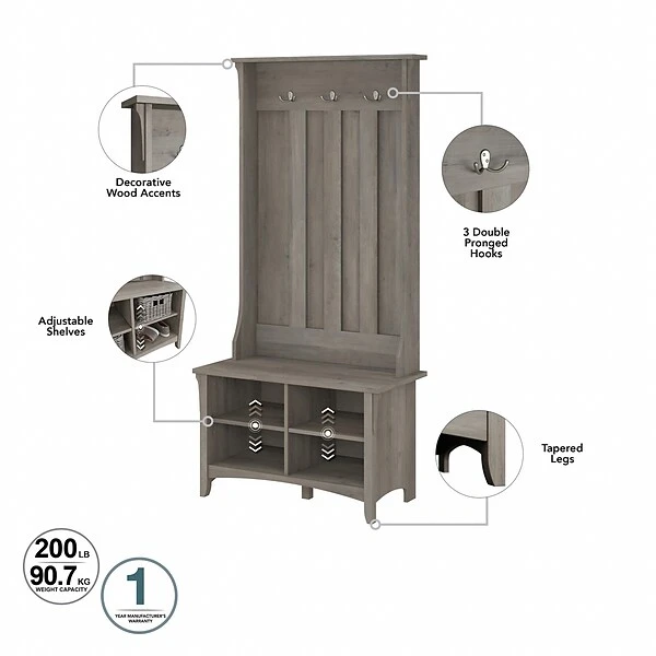 Bush Furniture Salinas 68.11" Storage Set With Hall Tree, Shoe Bench And Cabinets With 10 Shelves, Driftwood Gray (SAL016DG) 3 Bush Furniture Salinas 68.11" Storage Set With Hall Tree, Shoe Bench And Cabinets With 10 Shelves, Driftwood Gray (SAL016DG) - Image 3