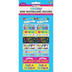 Ashley Productions® Mini Whiteboard Erasers, Happy Birthday, 2" X 1" X 0.75", Pack Of 16 (ASH78016)