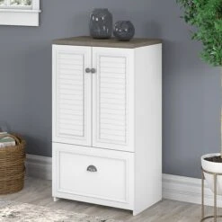 Bush Furniture Fairview 41.69" Storage Cabinet With 3 Shelves, Shiplap Gray/Pure White (WC53680-03)