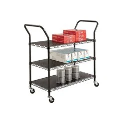 Safco 3-Shelf Metal Mobile Utility Cart With Lockable Wheels, Black (5338BL)